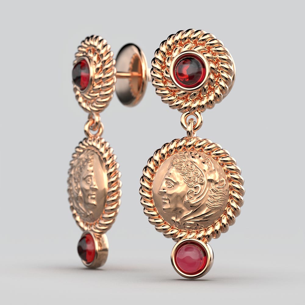 Italian Gold Garnet Earrings in Ancient Greek Style - Oltremare Gioielli