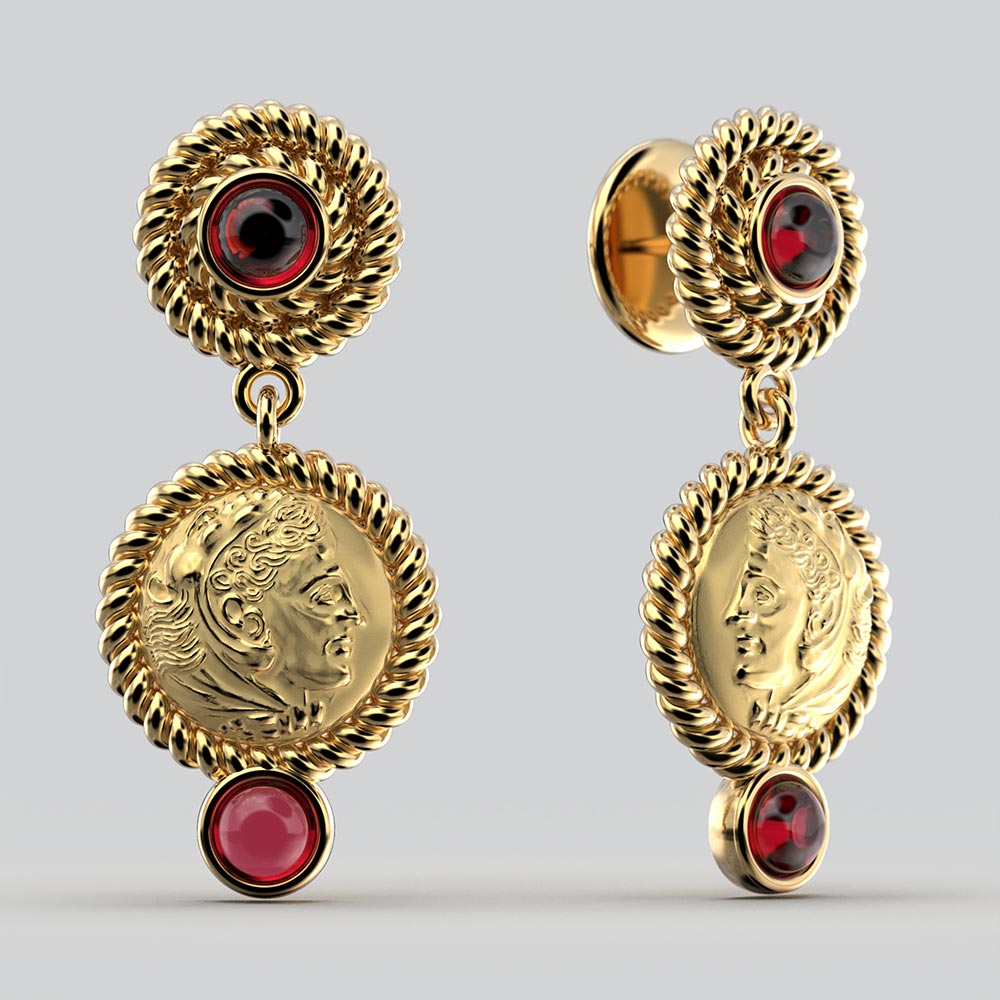 Italian Gold Garnet Earrings in Ancient Greek Style - Oltremare Gioielli