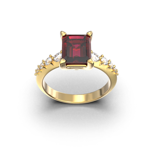 Garnet and diamonds gold engagement ring made in Italy by Oltremare Gioielli in 14k or 18k solid gold