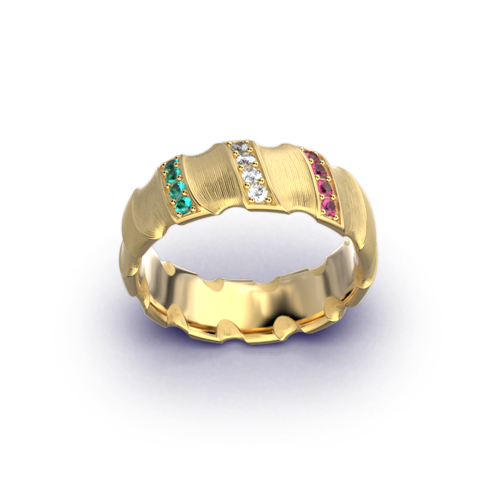 Italian gold wedding band in 14k or 18k solid gold with emerald ruby and diamonds