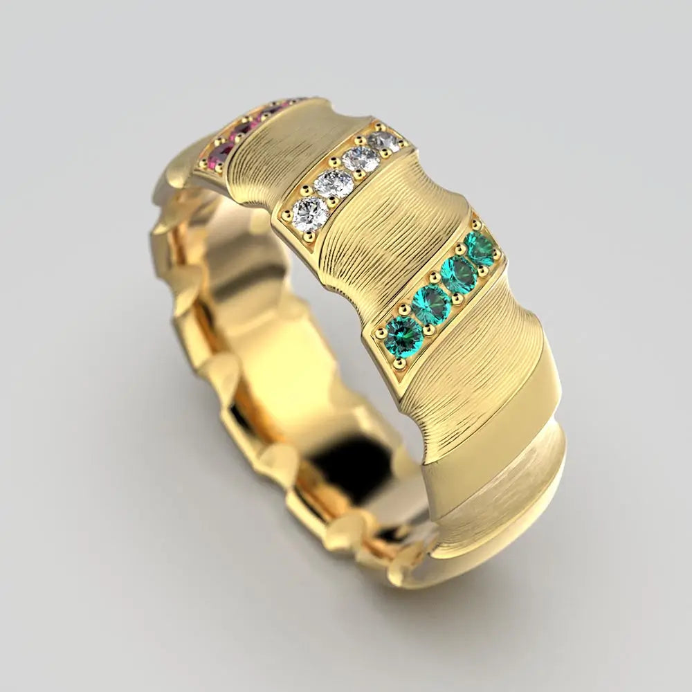 Italian solid gold wedding band with natural emeralds,rubies and diamonds