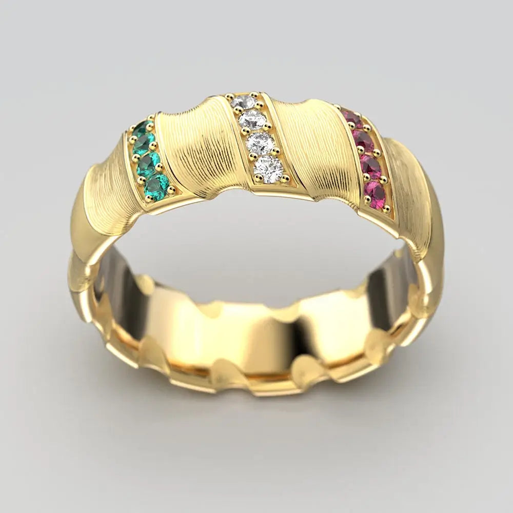 Italian solid gold wedding band with natural emeralds,rubies and diamonds