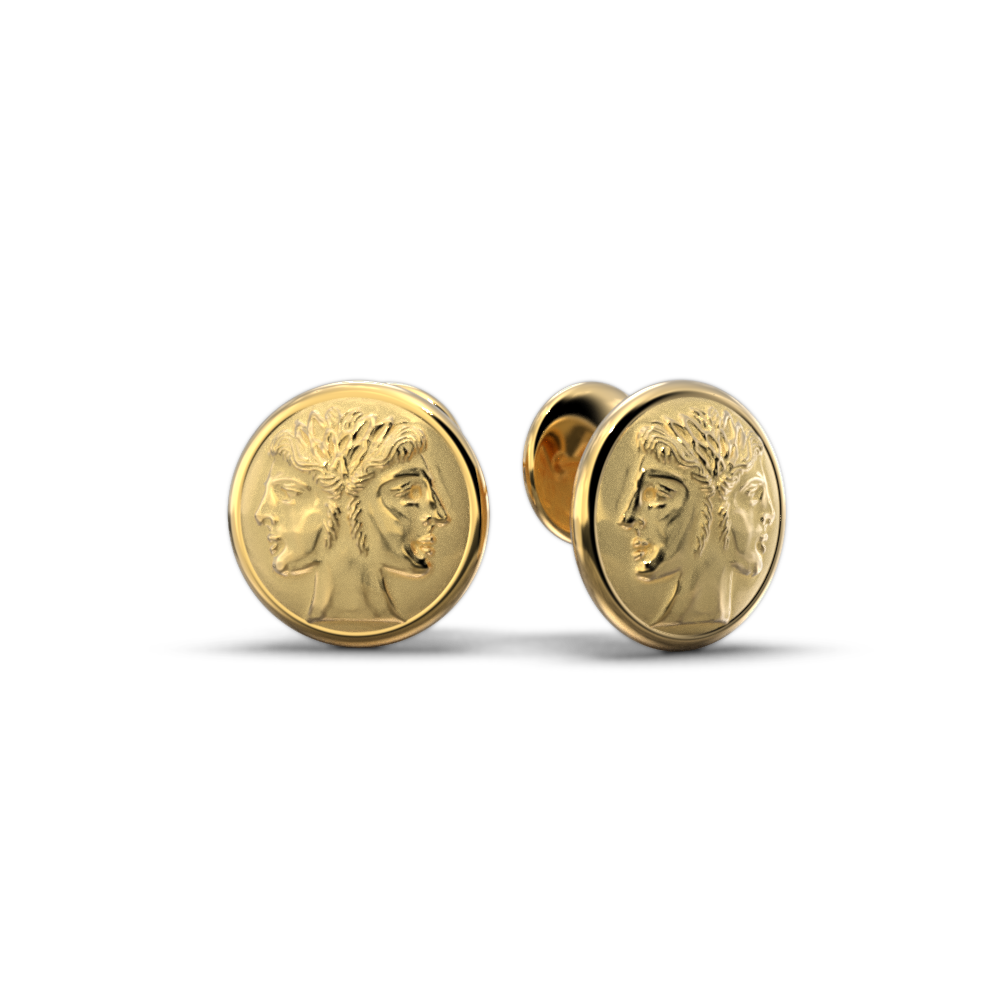 Janus gold coin stud earrings made in Italy in 14k or 18k solid gold by Oltremare Gioielli. Round shaped gold earrings, Italian fine jewelry