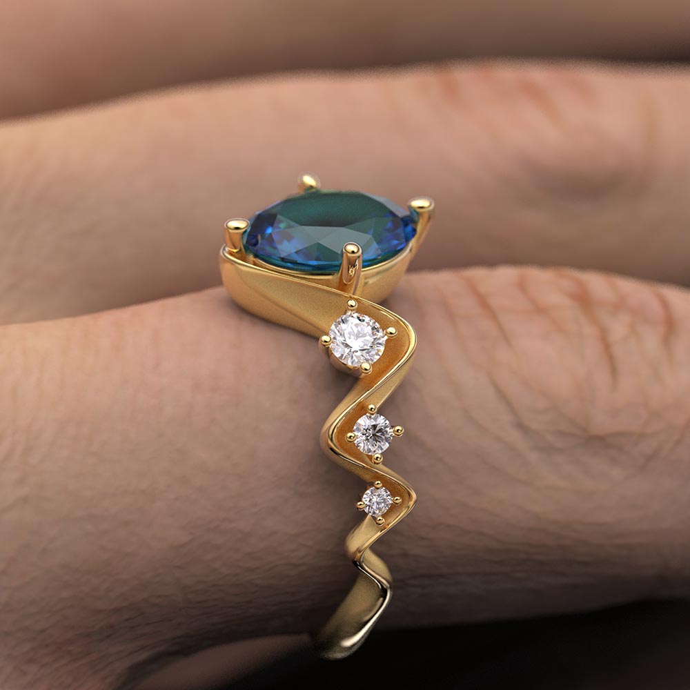 London blue topaz and diamonds engagement ring made in Italy by Oltremare Gioielli in 14k or 18k genuine gold