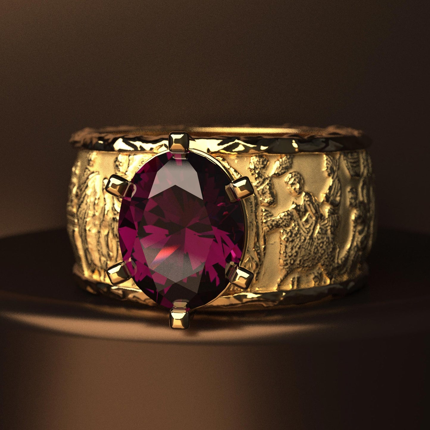 Gold men's engagement ring with a 2.86 CTS Tanzanian Rhodolite Garnet, crafted in Italy in an ancient style. The 18k/14k gold ring features sandblasted and polished finishes, inspired by the Altar of Domitius Ahenobarbus.