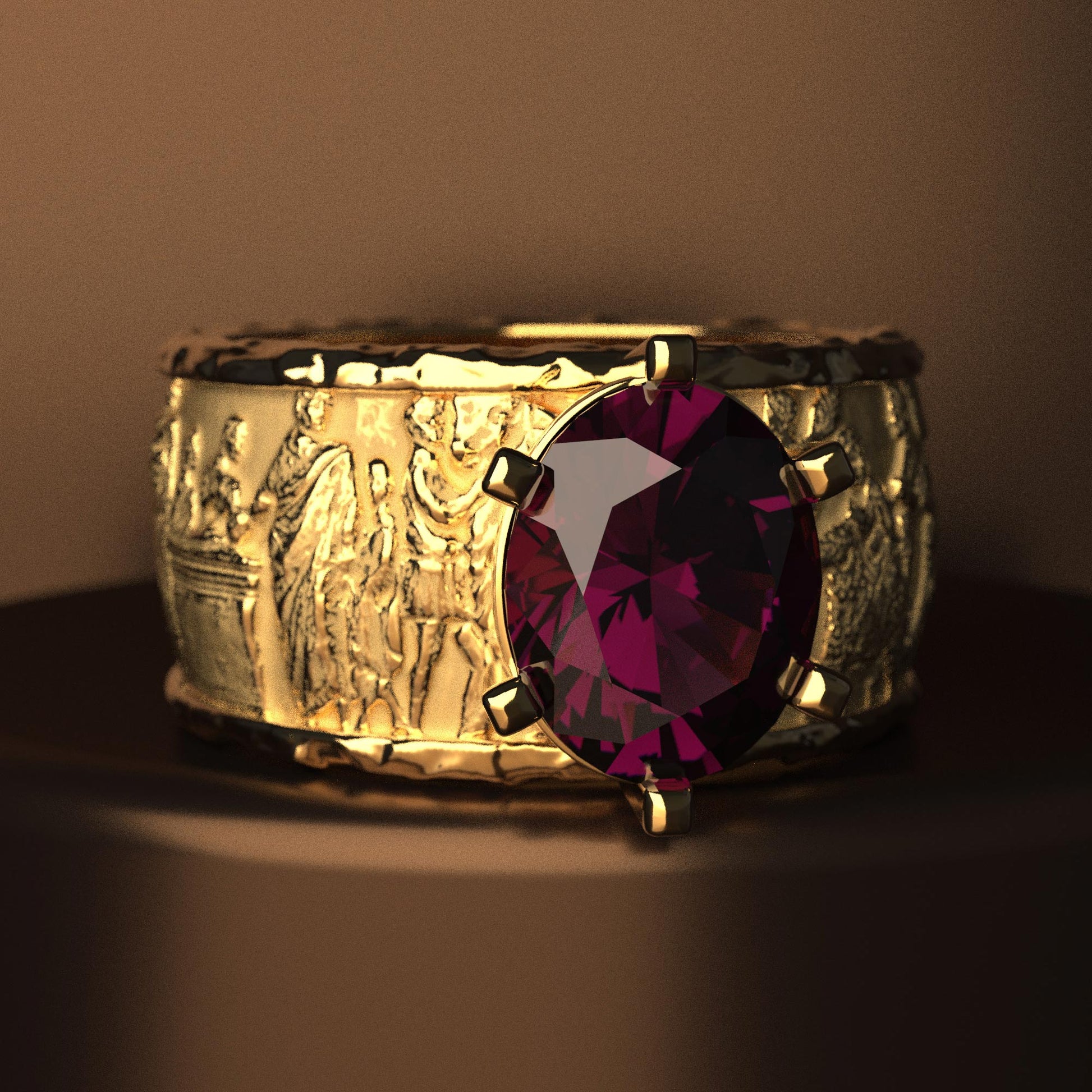 Gold men's engagement ring with a 2.86 CTS Tanzanian Rhodolite Garnet, crafted in Italy in an ancient style. The 18k/14k gold ring features sandblasted and polished finishes, inspired by the Altar of Domitius Ahenobarbus.