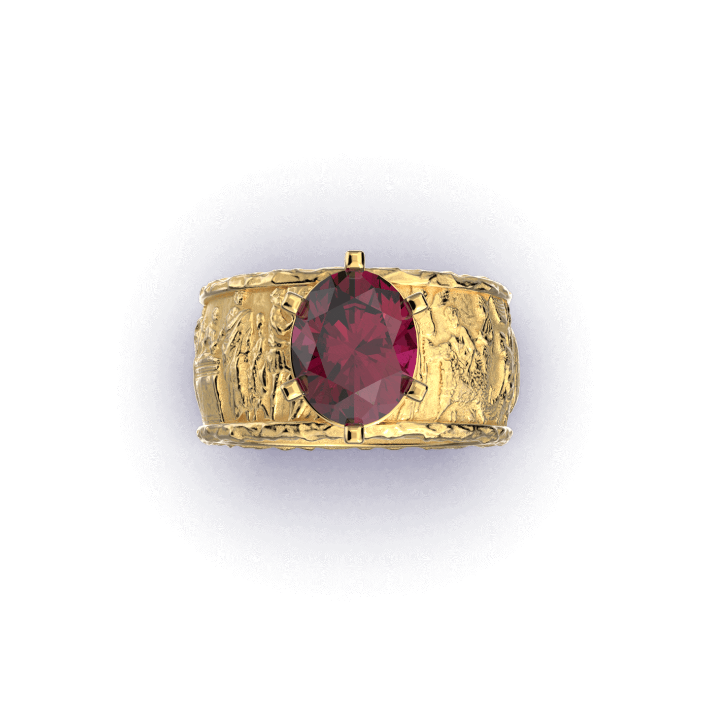 Gold men's engagement ring with a 2.86 CTS Tanzanian Rhodolite Garnet, crafted in Italy in an ancient style. The 18k/14k gold ring features sandblasted and polished finishes, inspired by the Altar of Domitius Ahenobarbus.