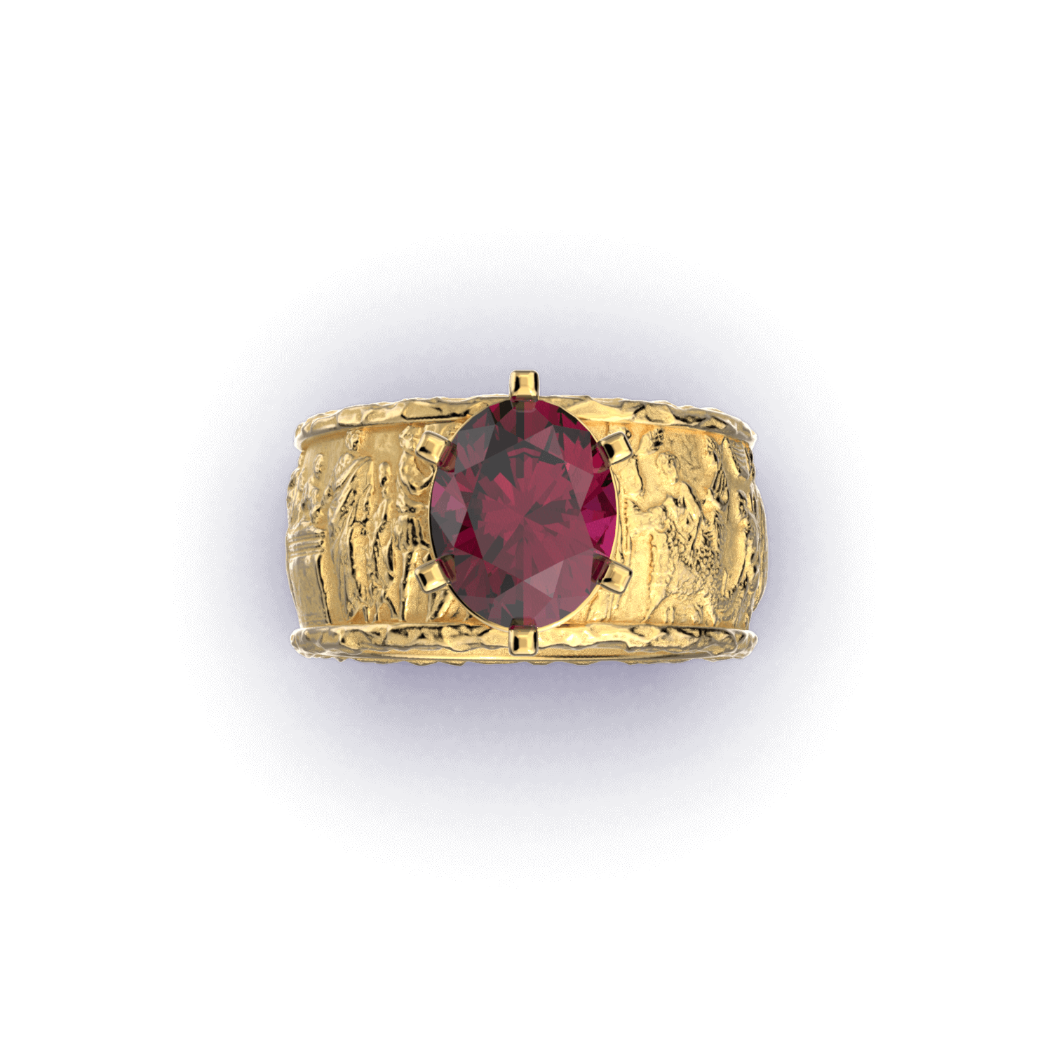 Gold men's engagement ring with a 2.86 CTS Tanzanian Rhodolite Garnet, crafted in Italy in an ancient style. The 18k/14k gold ring features sandblasted and polished finishes, inspired by the Altar of Domitius Ahenobarbus.