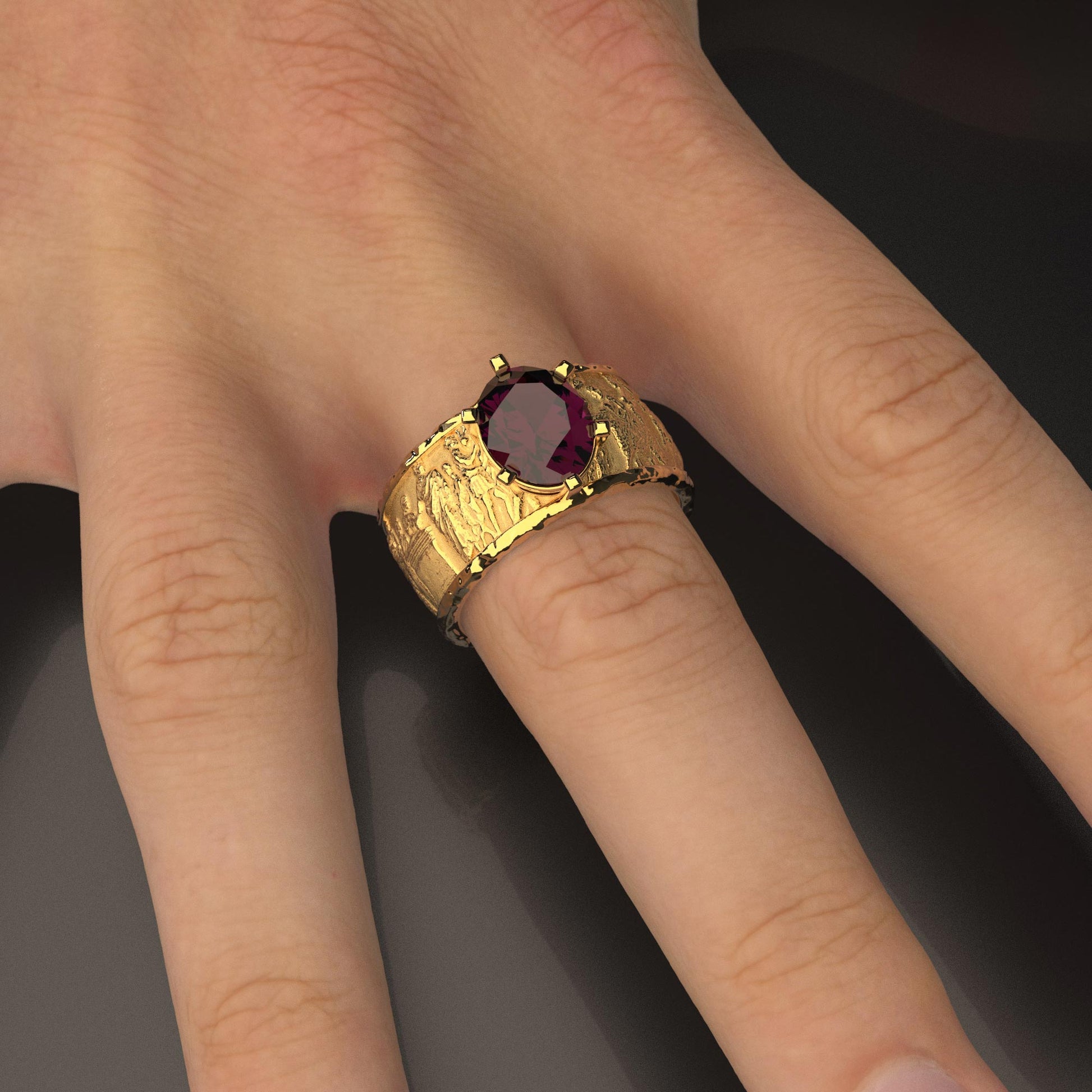 Gold men's engagement ring with a 2.86 CTS Tanzanian Rhodolite Garnet, crafted in Italy in an ancient style. The 18k/14k gold ring features sandblasted and polished finishes, inspired by the Altar of Domitius Ahenobarbus.