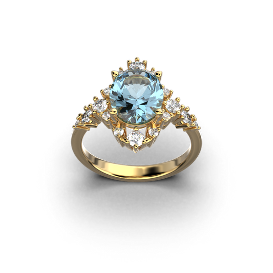 Aquamarine and diamonds engagement ring made in Italy by Oltremare Gioielli in 14k or 18k genuine gold.