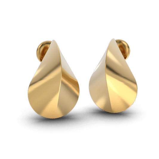 Modern oloid-shaped stud earrings in 14k or 18k gold, polished finish, 18mm long and 19mm wide, made in Italy.