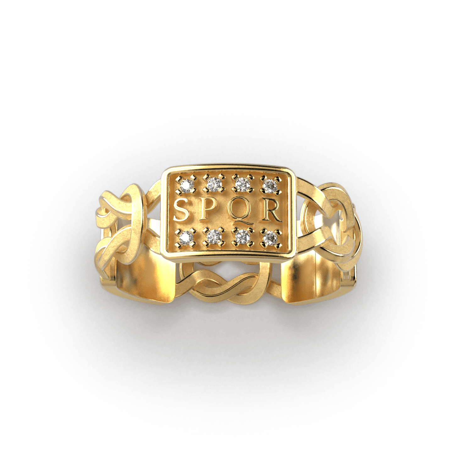 Gold men's ring inspired by Ancient Rome, featuring SPQR inscription, Hercules knots, Roman eagle, lion carvings, and diamonds, crafted in Italy.