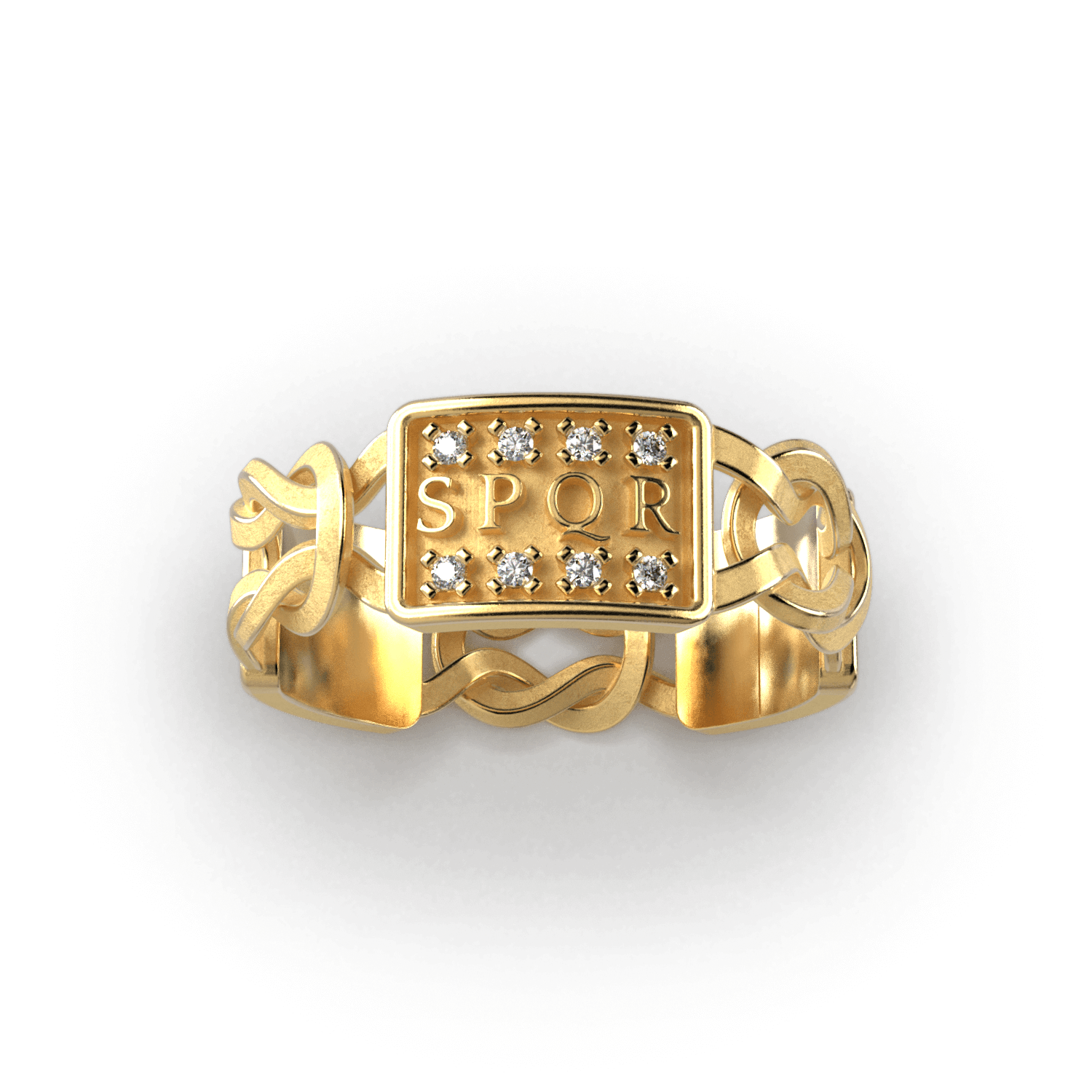 Gold men's ring inspired by Ancient Rome, featuring SPQR inscription, Hercules knots, Roman eagle, lion carvings, and diamonds, crafted in Italy.