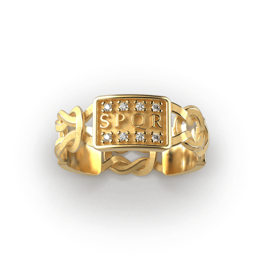 Gold men's ring inspired by Ancient Rome, featuring SPQR inscription, Hercules knots, Roman eagle, lion carvings, and diamonds, crafted in Italy.