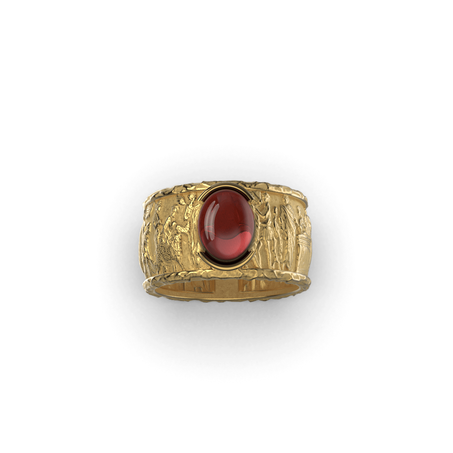 Oval Mozambique garnet set in 14k yellow gold band