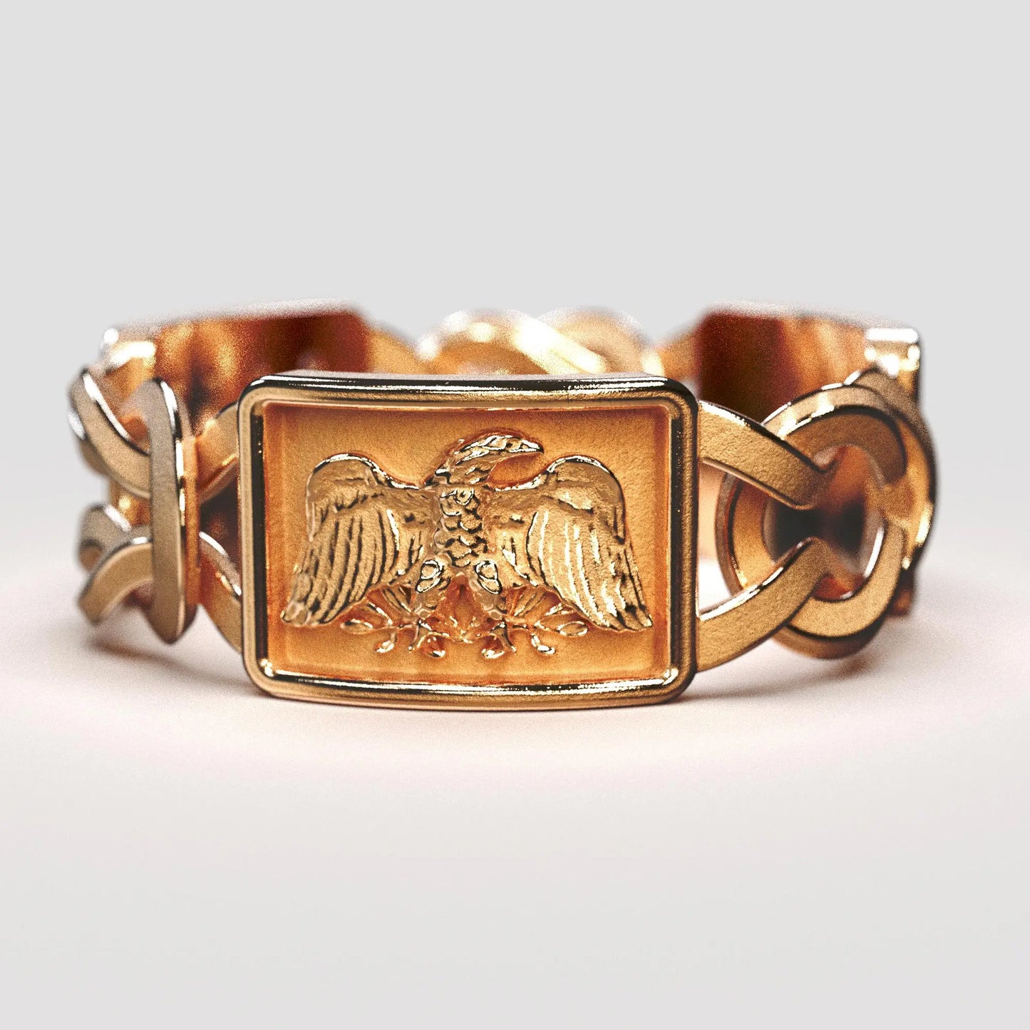 Gold men's ring inspired by Ancient Rome, featuring SPQR inscription, Hercules knots, Roman eagle, lion carvings, and diamonds, crafted in Italy.