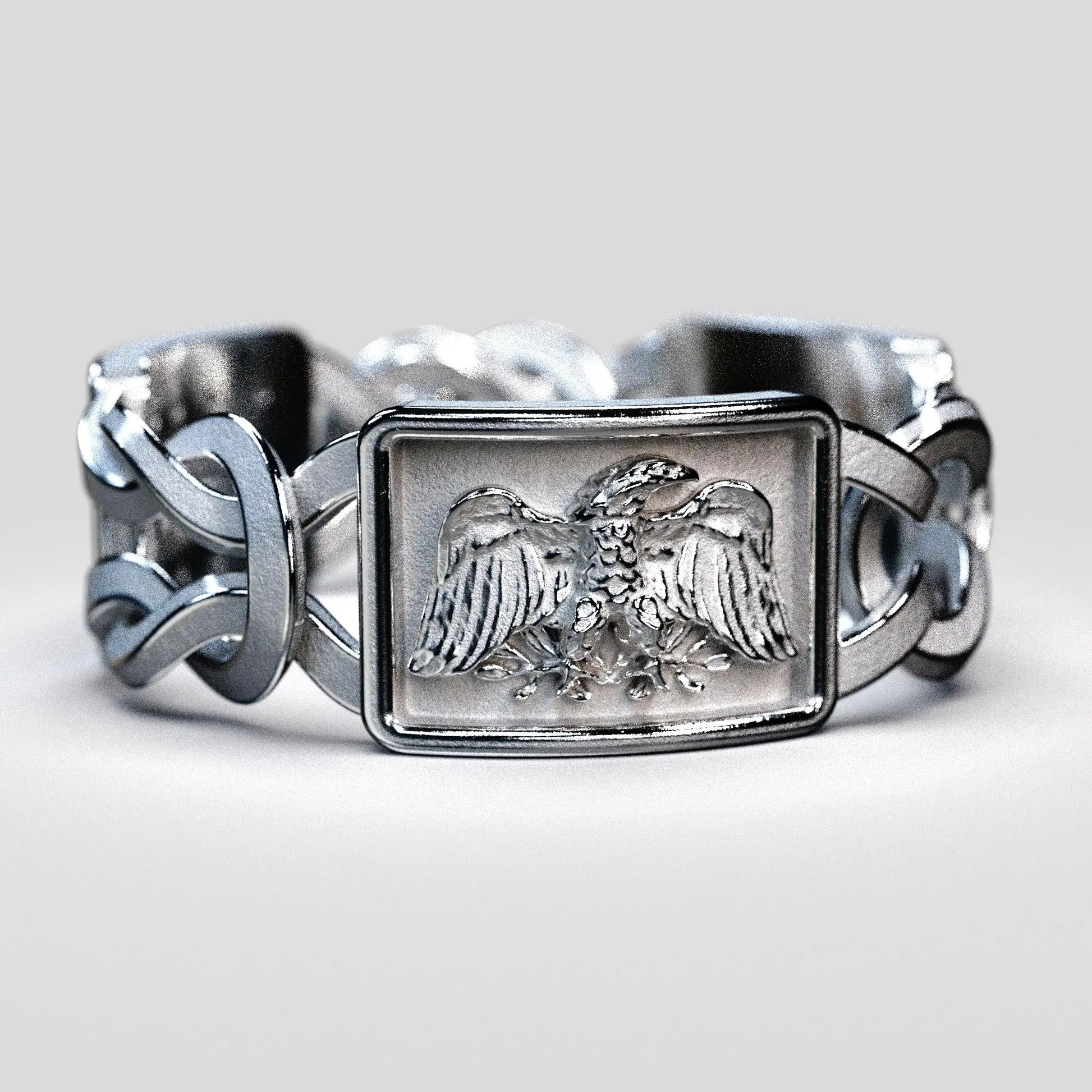 Gold men's ring inspired by Ancient Rome, featuring SPQR inscription, Hercules knots, Roman eagle, lion carvings, and diamonds, crafted in Italy.