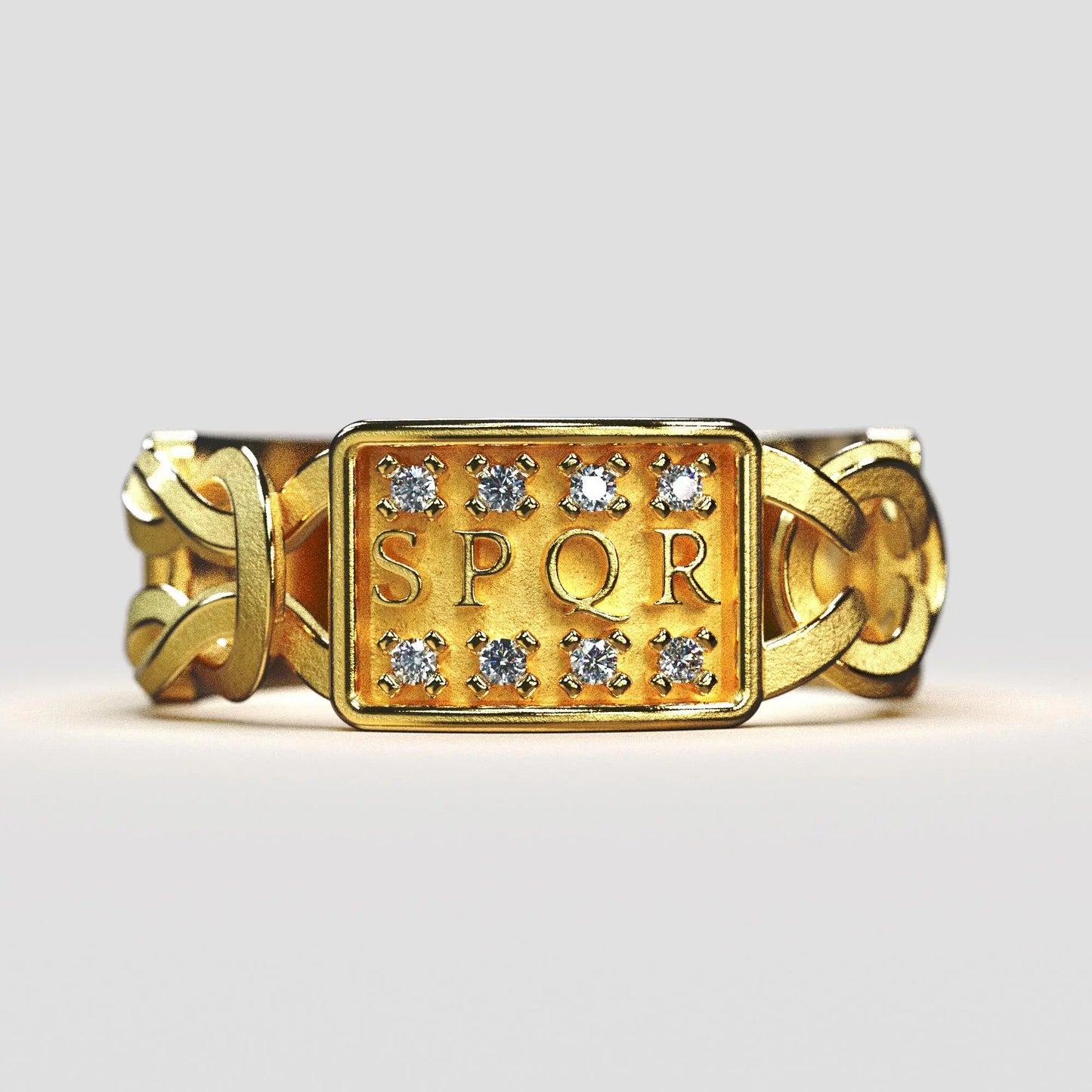 Gold men's ring inspired by Ancient Rome, featuring SPQR inscription, Hercules knots, Roman eagle, lion carvings, and diamonds, crafted in Italy.