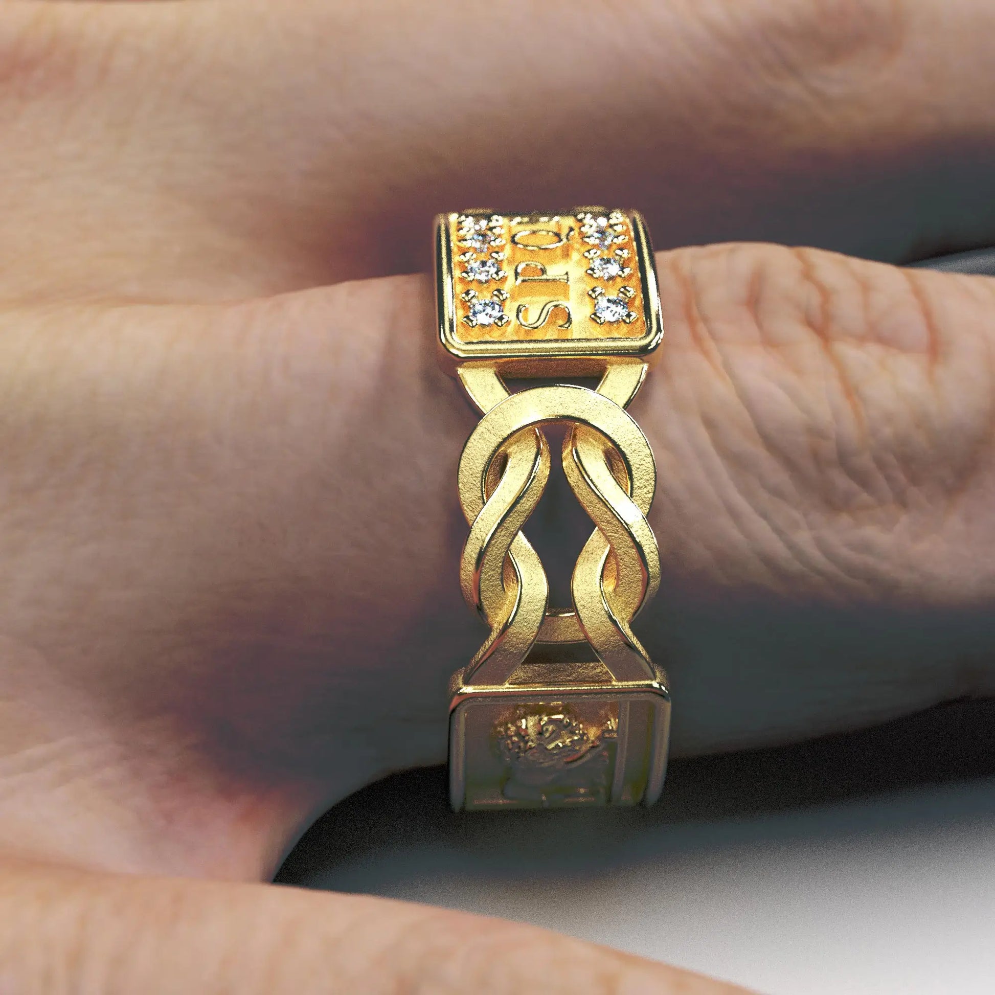 Gold men's ring inspired by Ancient Rome, featuring SPQR inscription, Hercules knots, Roman eagle, lion carvings, and diamonds, crafted in Italy.