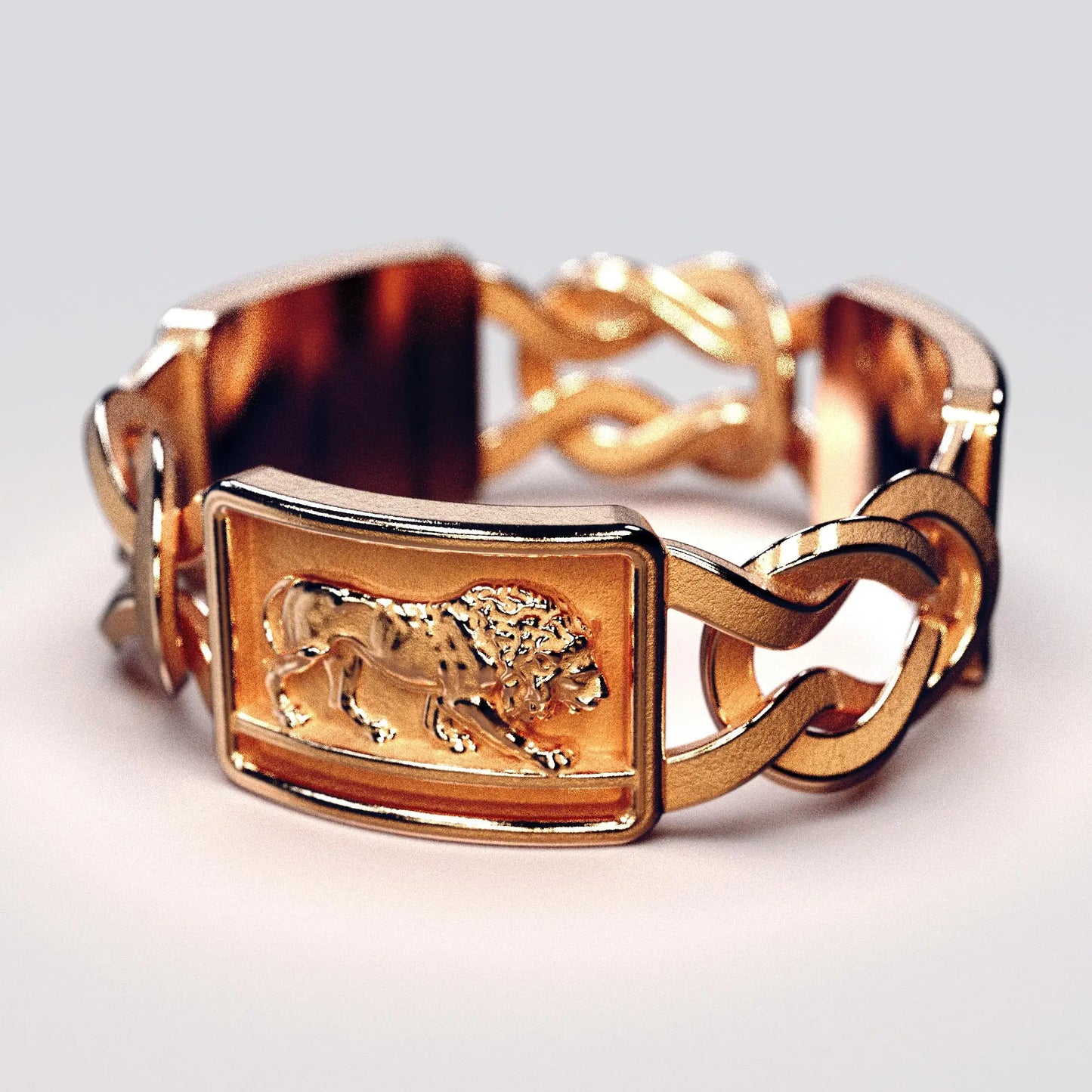 Gold men's ring inspired by Ancient Rome, featuring SPQR inscription, Hercules knots, Roman eagle, lion carvings, and diamonds, crafted in Italy.