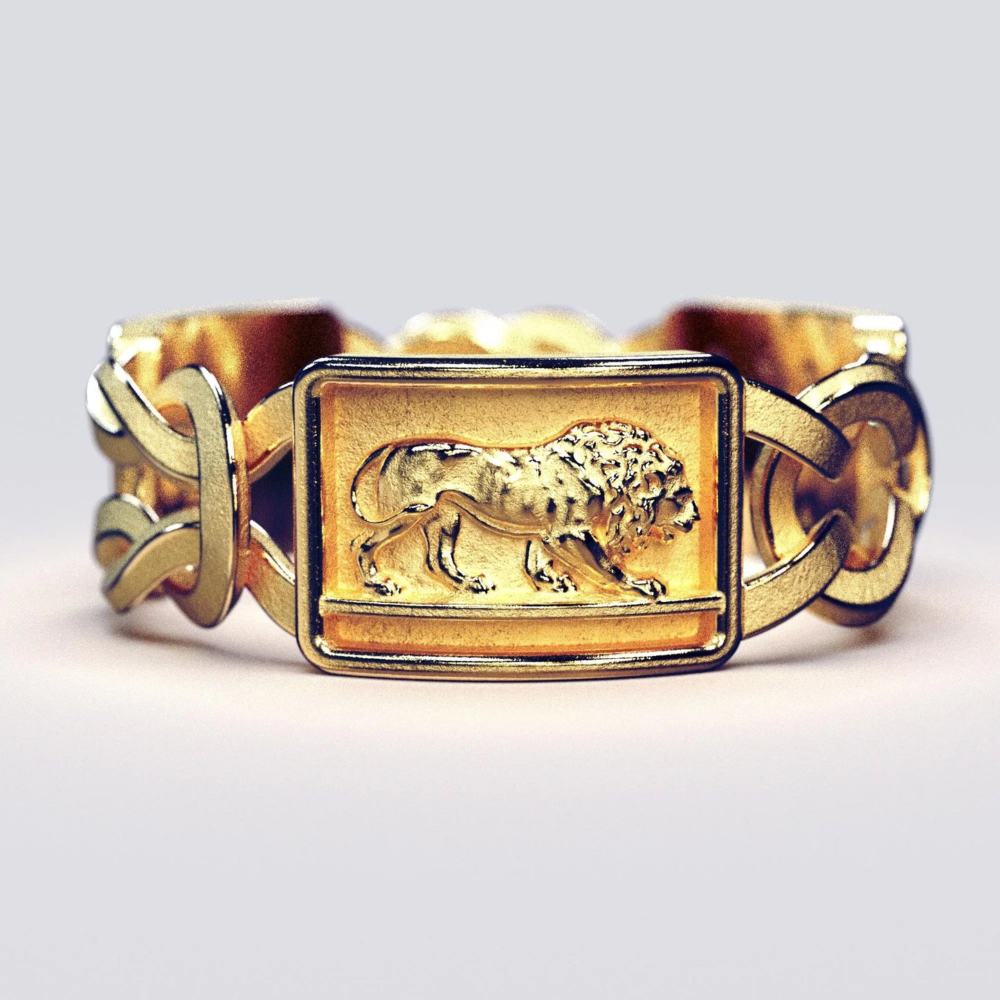 Gold men's ring inspired by Ancient Rome, featuring SPQR inscription, Hercules knots, Roman eagle, lion carvings, and diamonds, crafted in Italy.