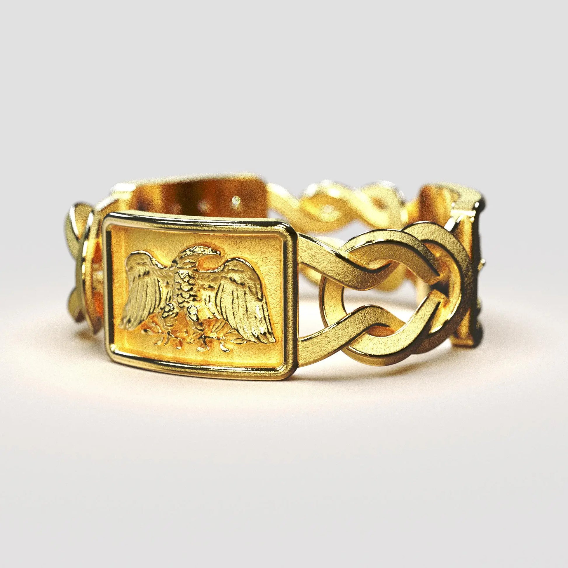 Gold men's ring inspired by Ancient Rome, featuring SPQR inscription, Hercules knots, Roman eagle, lion carvings, and diamonds, crafted in Italy.