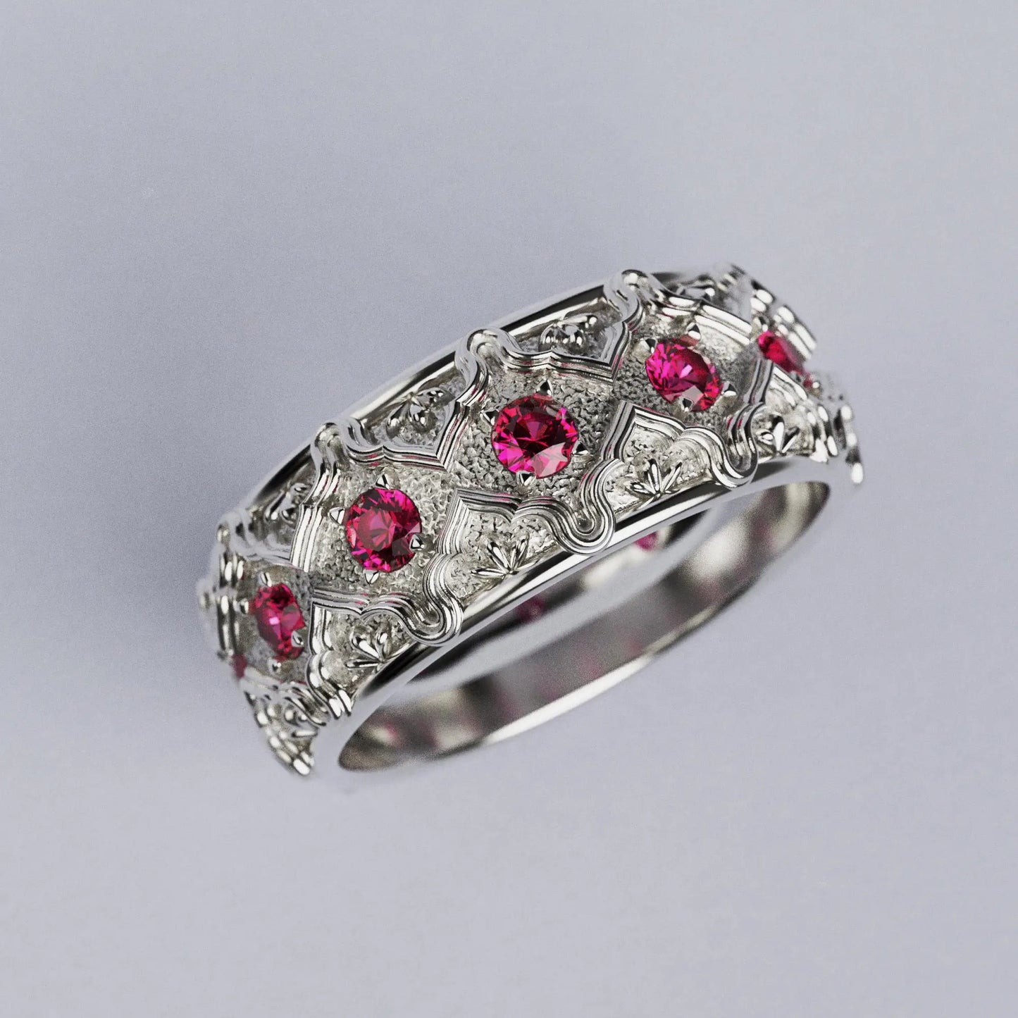 Solid gold wedding band with natural rubies, handcrafted in Italy, featuring a Venetian-style design