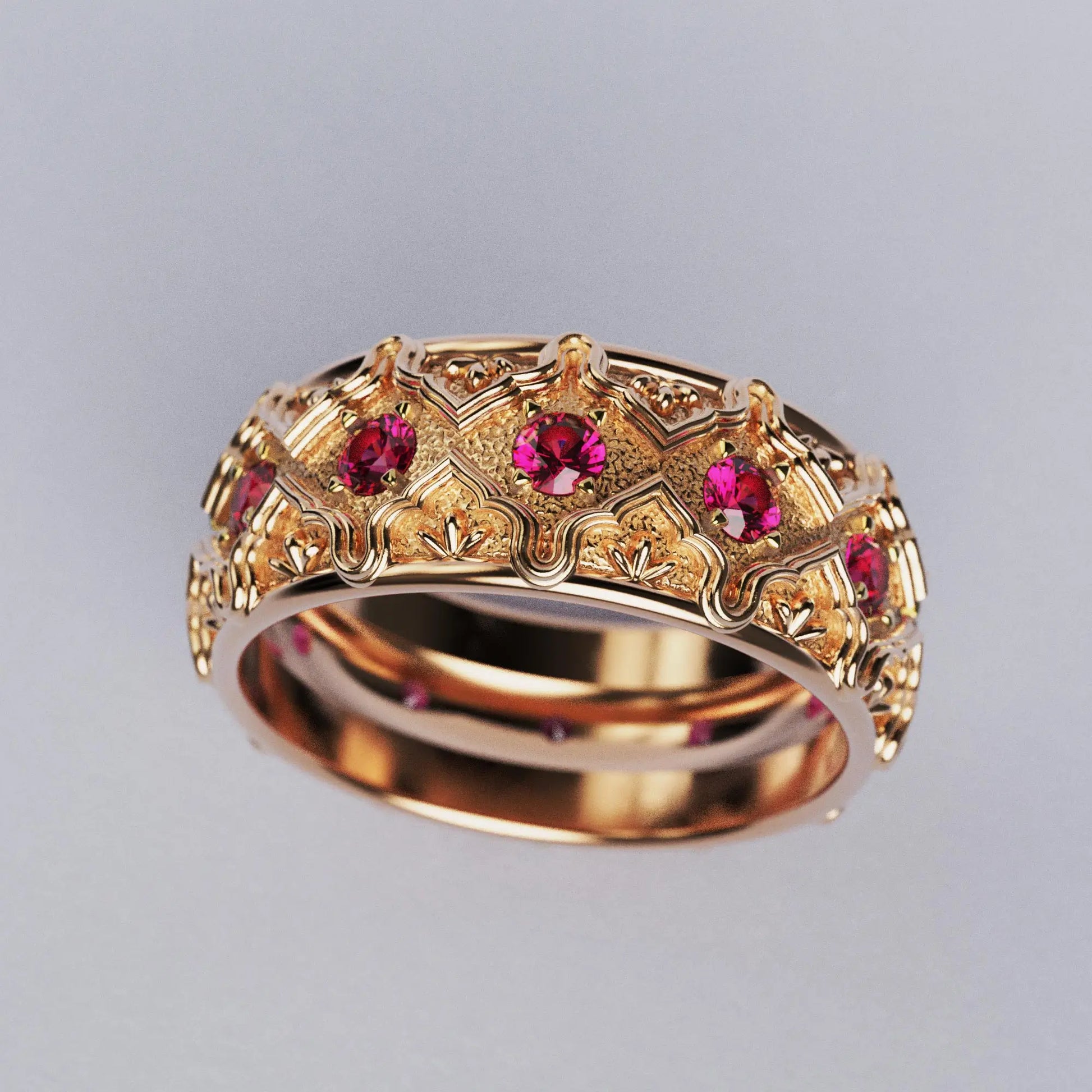 Solid gold wedding band with natural rubies, handcrafted in Italy, featuring a Venetian-style design