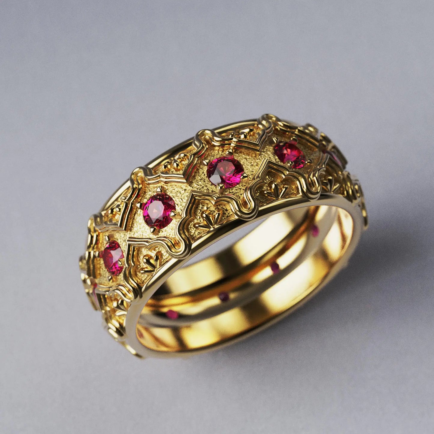 Solid gold wedding band with natural rubies, handcrafted in Italy, featuring a Venetian-style design