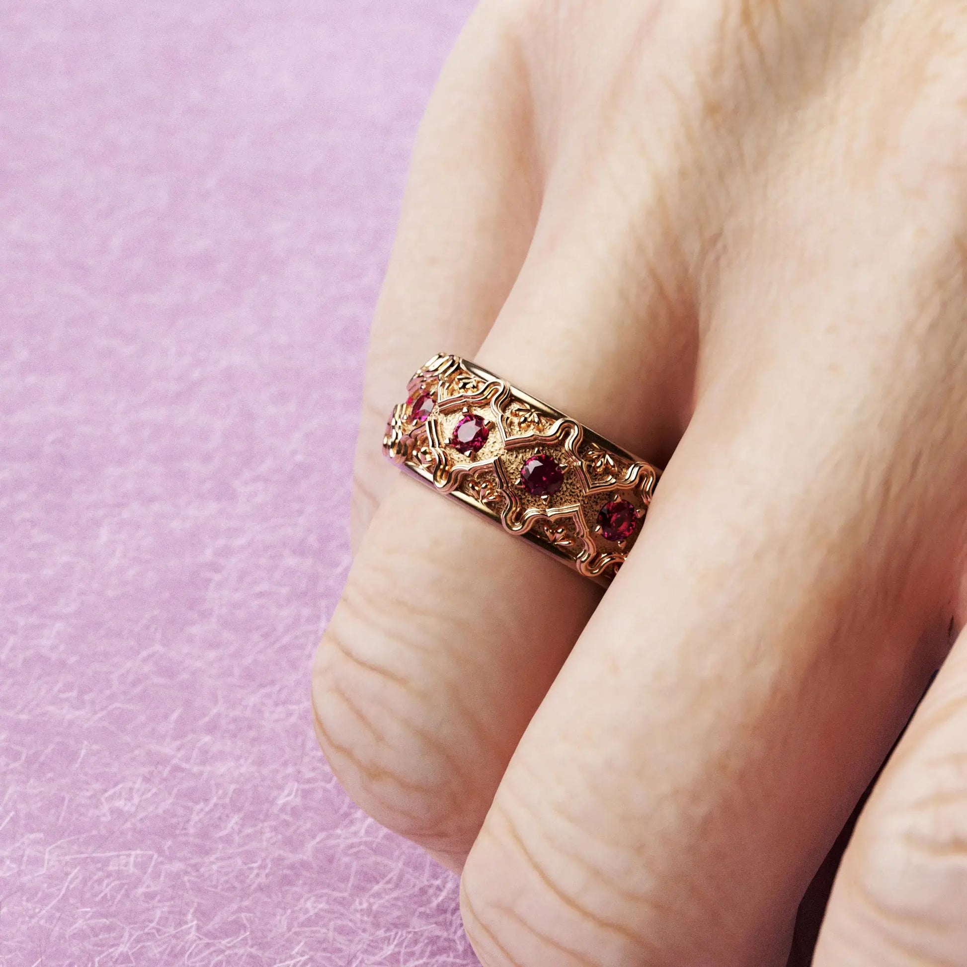 Solid gold wedding band with natural rubies, handcrafted in Italy, featuring a Venetian-style design