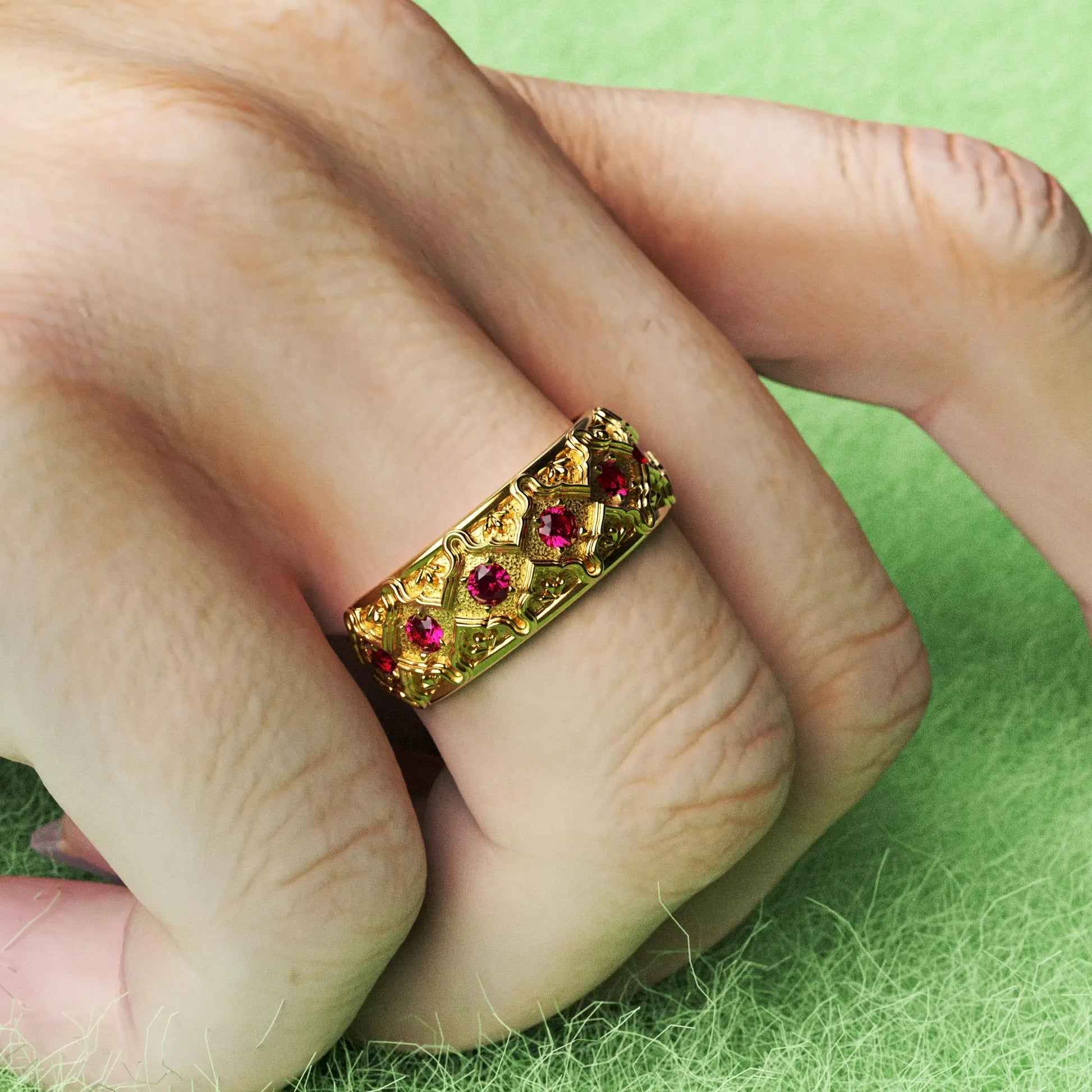 Solid gold wedding band with natural rubies, handcrafted in Italy, featuring a Venetian-style design