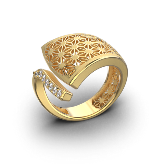 Sashiko Japanese pattern gold ring with natural diamonds, designed and crafted in Italy