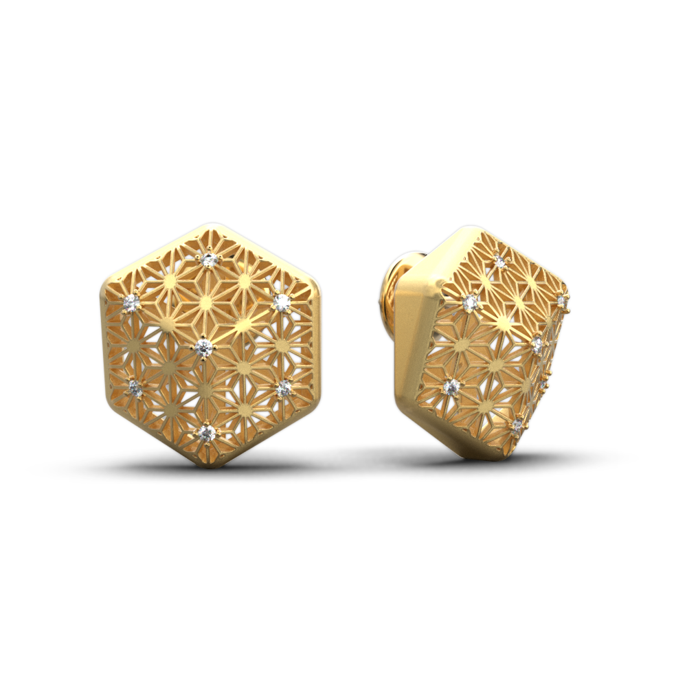 Statement Diamond Stud earrings in 14k or 18k solid gold by Oltremare Gioielli made in Italy, Japanese Sashiko pattern design.