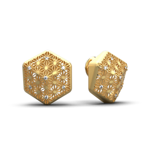 Statement Diamond Stud earrings in 14k or 18k solid gold by Oltremare Gioielli made in Italy, Japanese Sashiko pattern design.