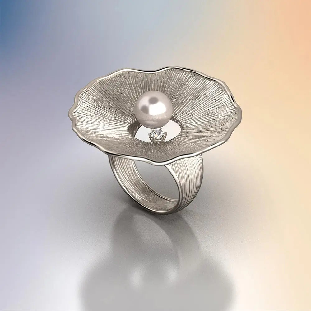 Pearl and Diamond Ring with 8mm Akoya White Pearl set in 18k Yellow Gold