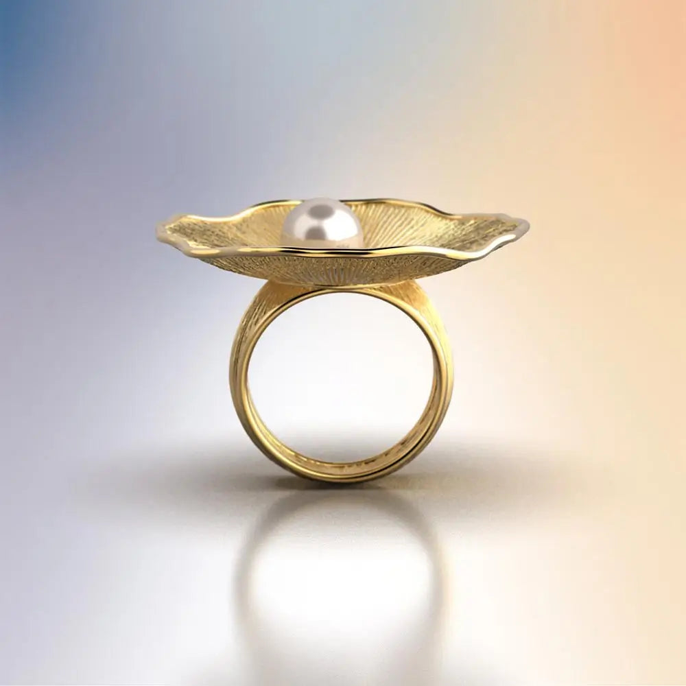 Pearl and Diamond Ring with 8mm Akoya White Pearl set in 18k Yellow Gold