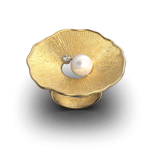 Pearl and Diamond Ring with 8mm Akoya White Pearl set in 18k Yellow Gold