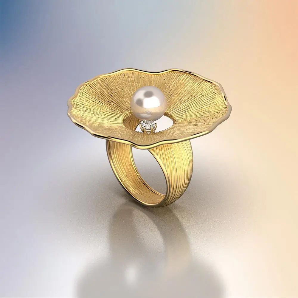 Pearl and Diamond Ring with 8mm Akoya White Pearl set in 18k Yellow Gold