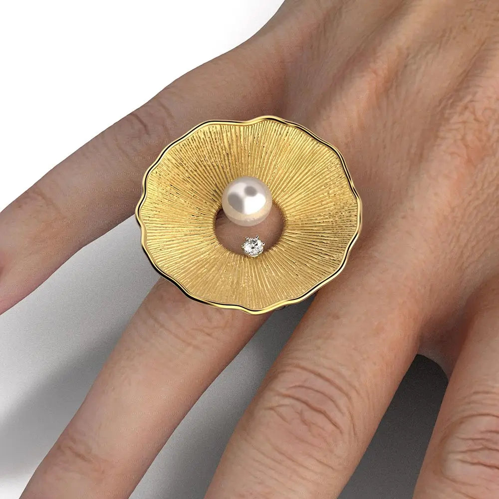 Pearl and Diamond Ring with 8mm Akoya White Pearl set in 18k Yellow Gold