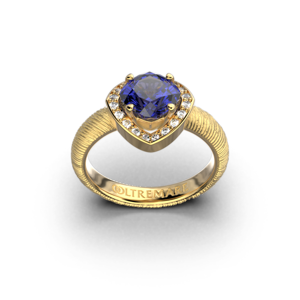 Italian Gold engagement ring with natural cushion tanzanite and natural diamonds.