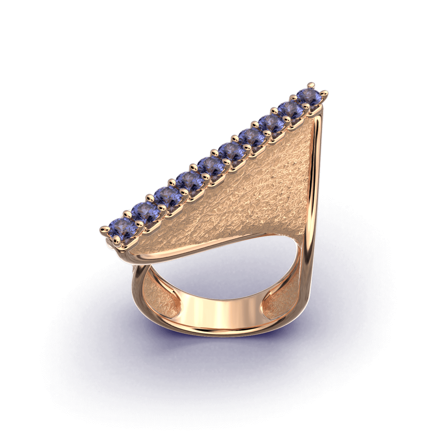 A twisted gold ring with an earth-textured surface and polished edges, featuring 10 round natural tanzanites set along the top ridge, available in 14k or 18k gold.