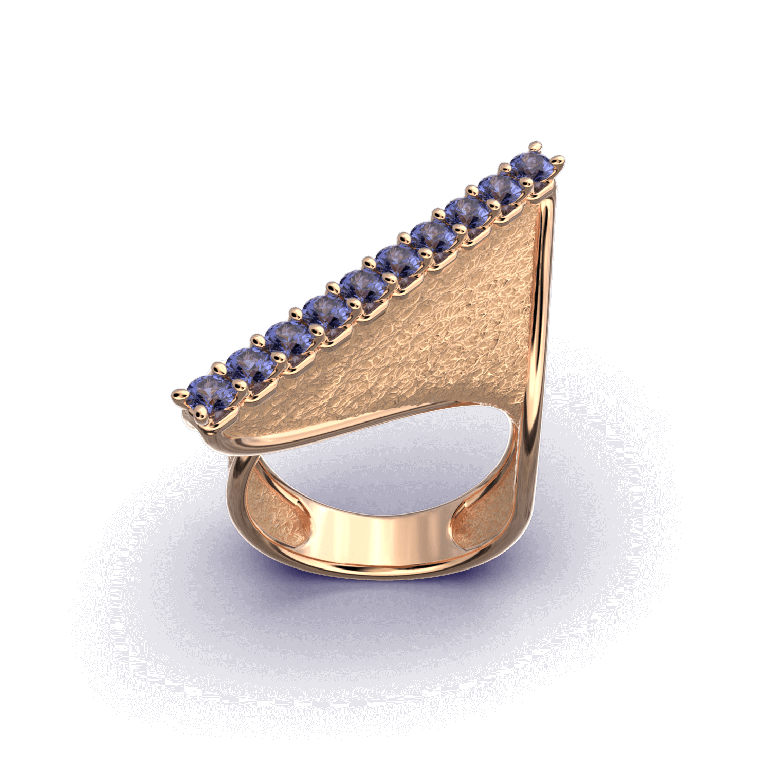 A twisted gold ring with an earth-textured surface and polished edges, featuring 10 round natural tanzanites set along the top ridge, available in 14k or 18k gold.