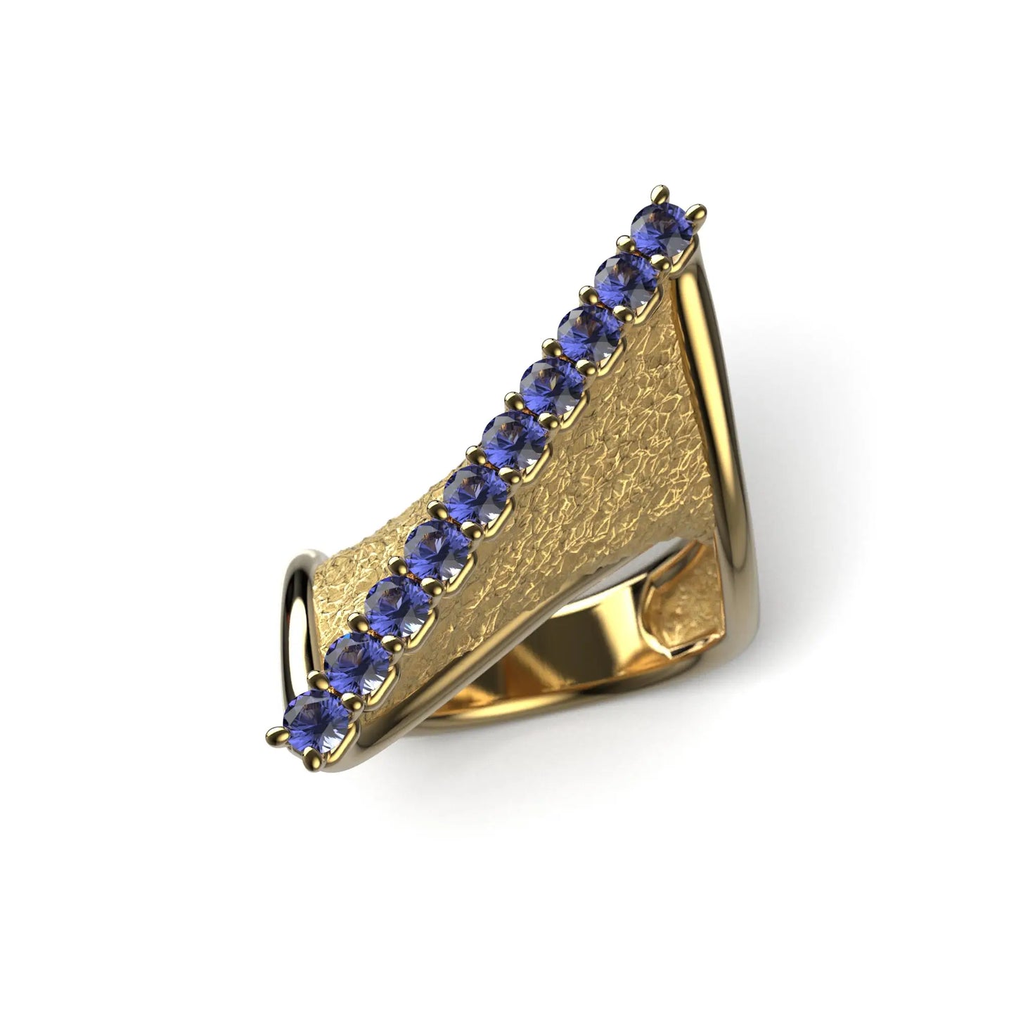 A twisted gold ring with an earth-textured surface and polished edges, featuring 10 round natural tanzanites set along the top ridge, available in 14k or 18k gold.