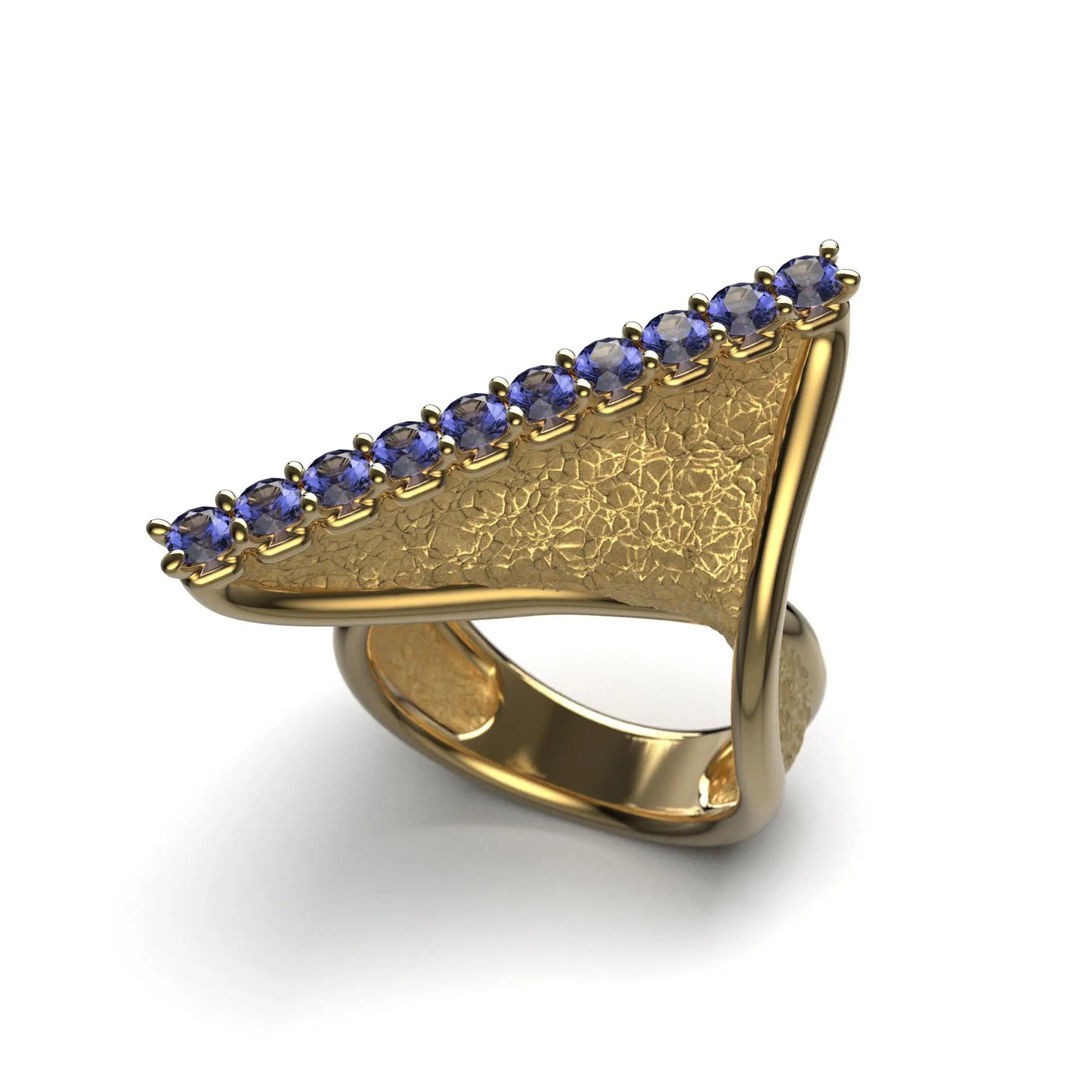 A twisted gold ring with an earth-textured surface and polished edges, featuring 10 round natural tanzanites set along the top ridge, available in 14k or 18k gold.