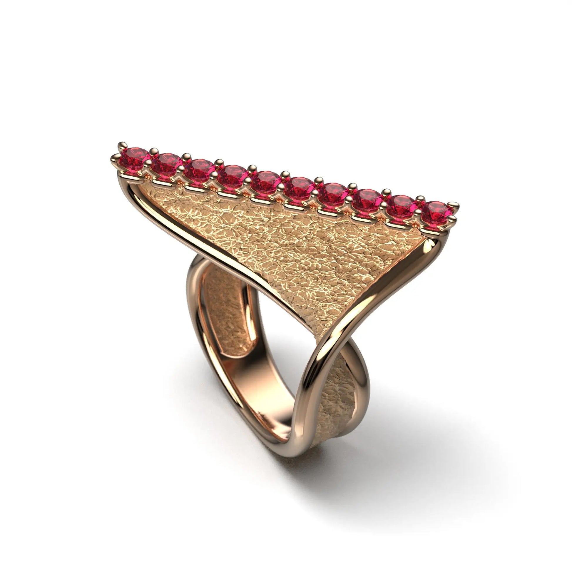 
A modern twisted gold ring with polished edges and an earth-textured surface, featuring 10 round natural rubies set along the top ridge.