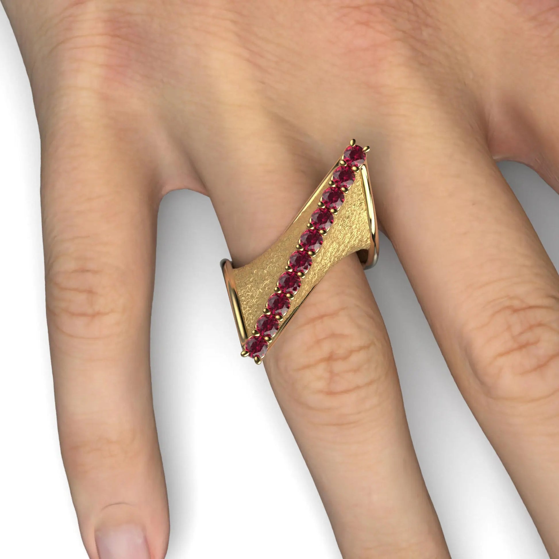 
A modern twisted gold ring with polished edges and an earth-textured surface, featuring 10 round natural rubies set along the top ridge.