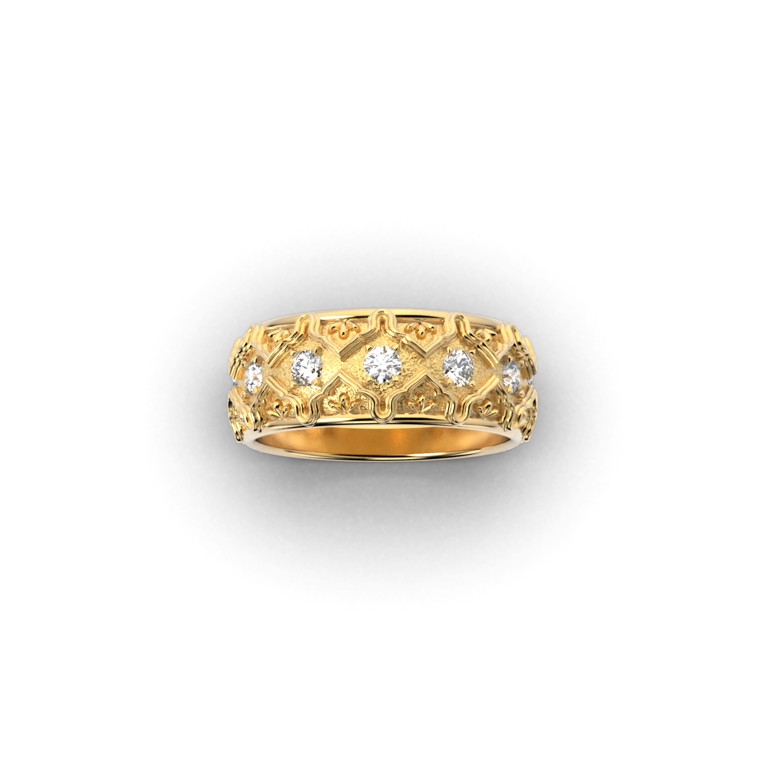 Solid gold wedding band with natural diamonds and intricate Venetian-style design, handcrafted in Italy by Oltremare Gioielli.