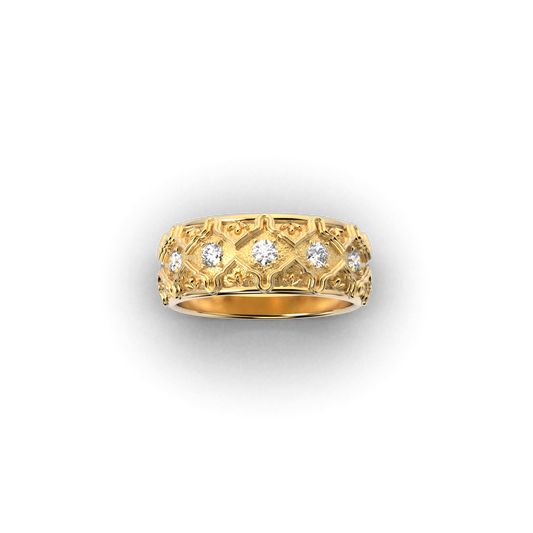 Solid gold wedding band with natural diamonds and intricate Venetian-style design, handcrafted in Italy by Oltremare Gioielli.