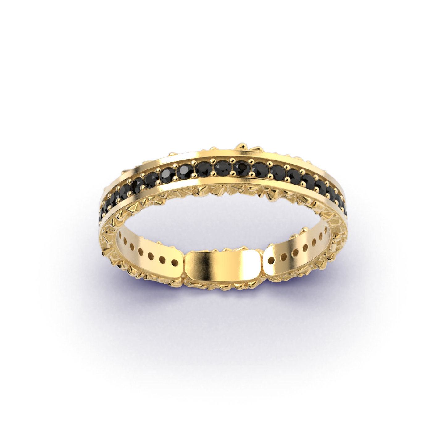 Men's ring, solid gold band ring with black diamonds and textured sides, made in Italy.