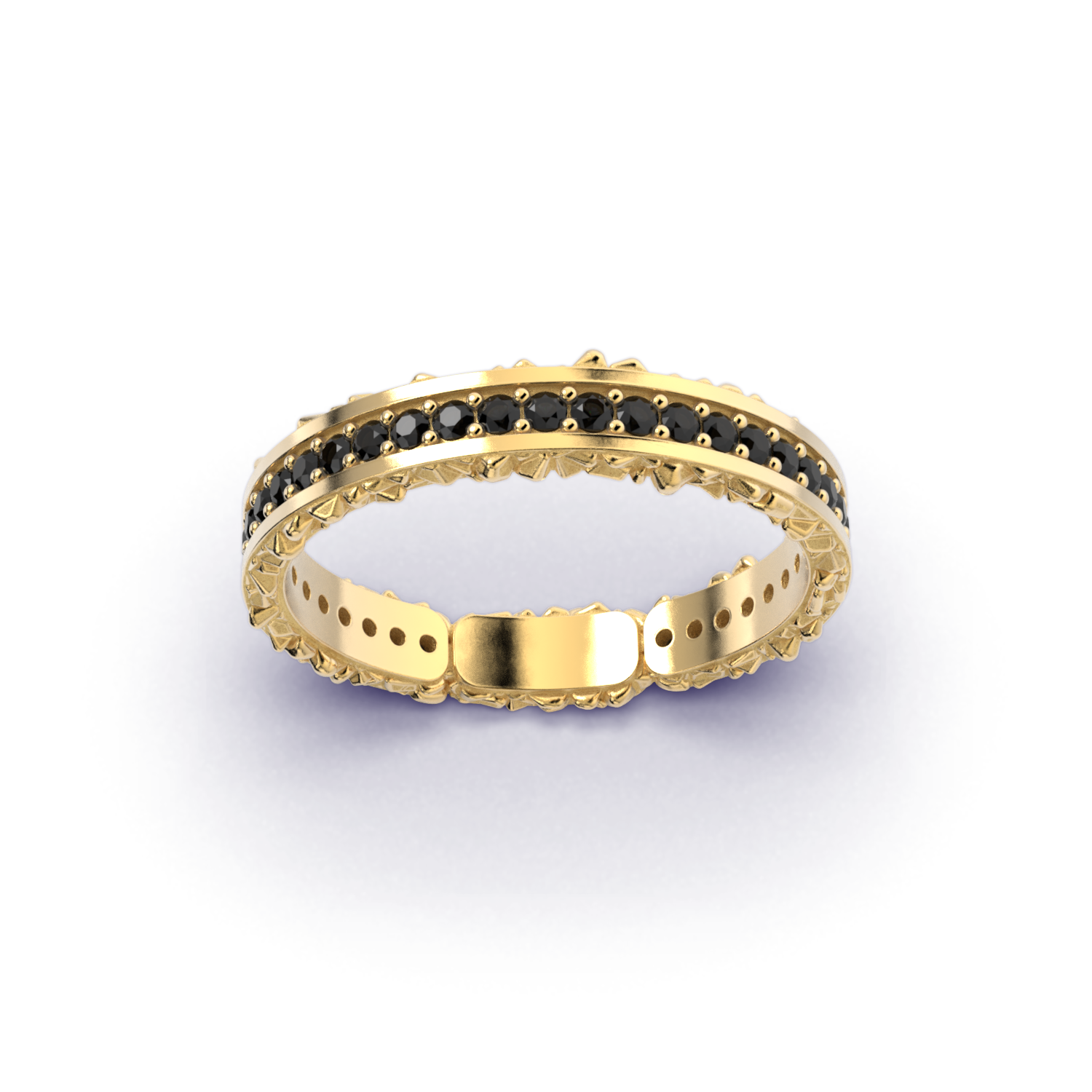 Men's ring, solid gold band ring with black diamonds and textured sides, made in Italy.